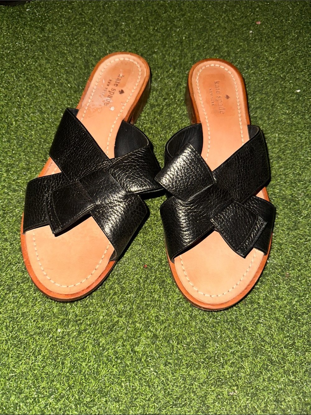 kate spade Black Leather Crisscross Slide Sandals